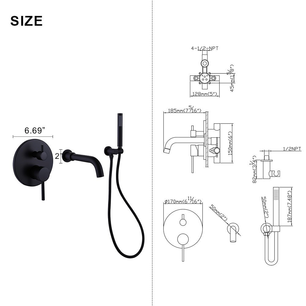 Black Matte 2-Handle Wall Mount Rain Mixer Shower Faucet with Hand Shower