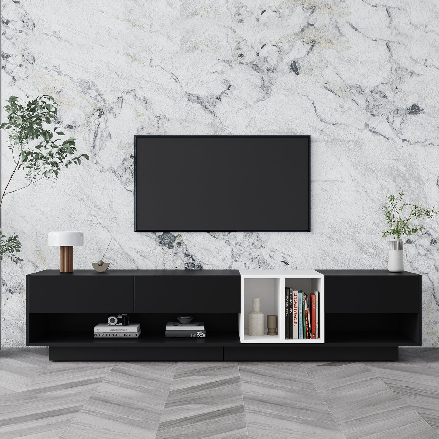 Sleek Two-Tone TV Stand with Spacious Storage for TVs Up to 80'', Black