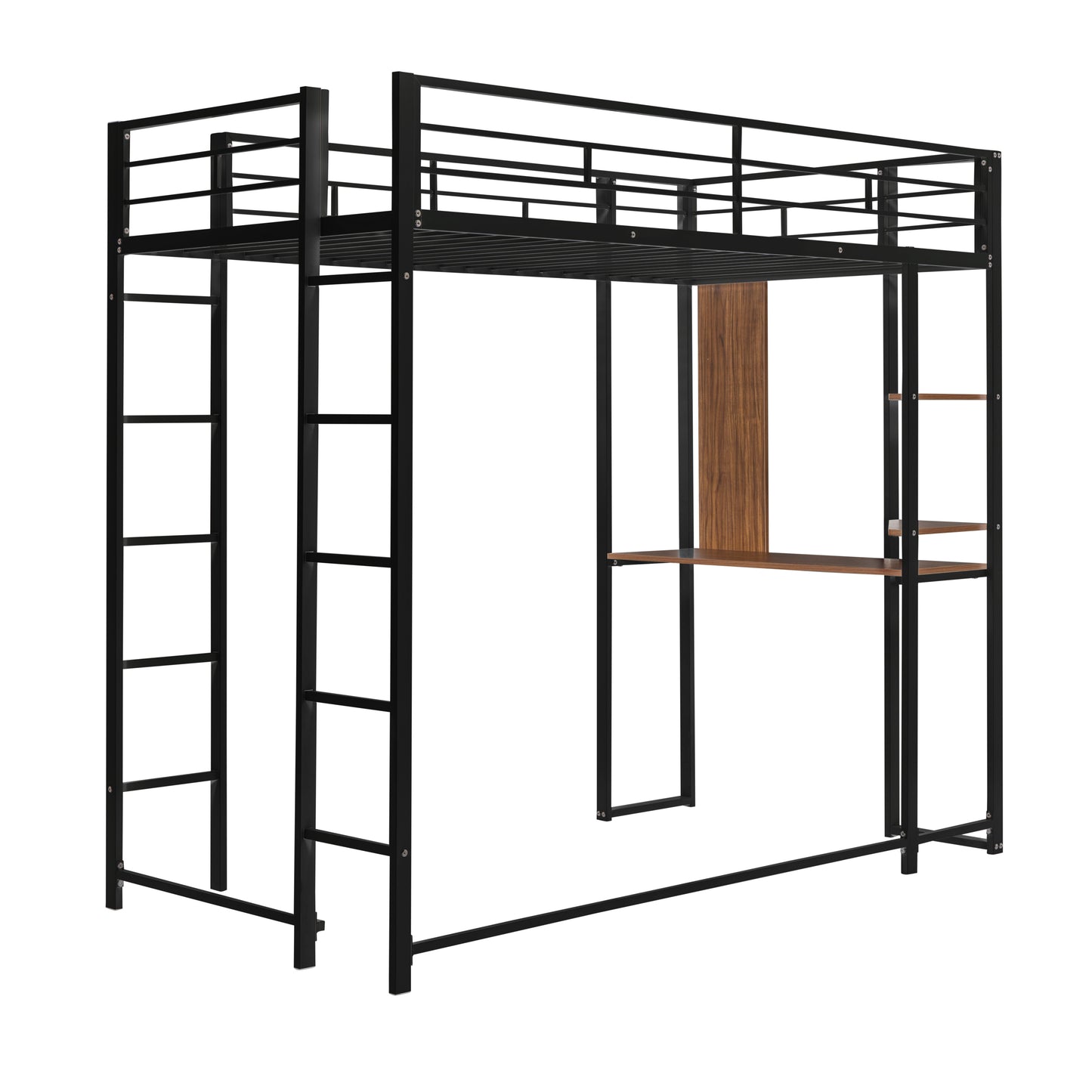 Twin Metal Loft Bed with 2 Shelves and one Desk ,BLACK(: MF281206AAB)