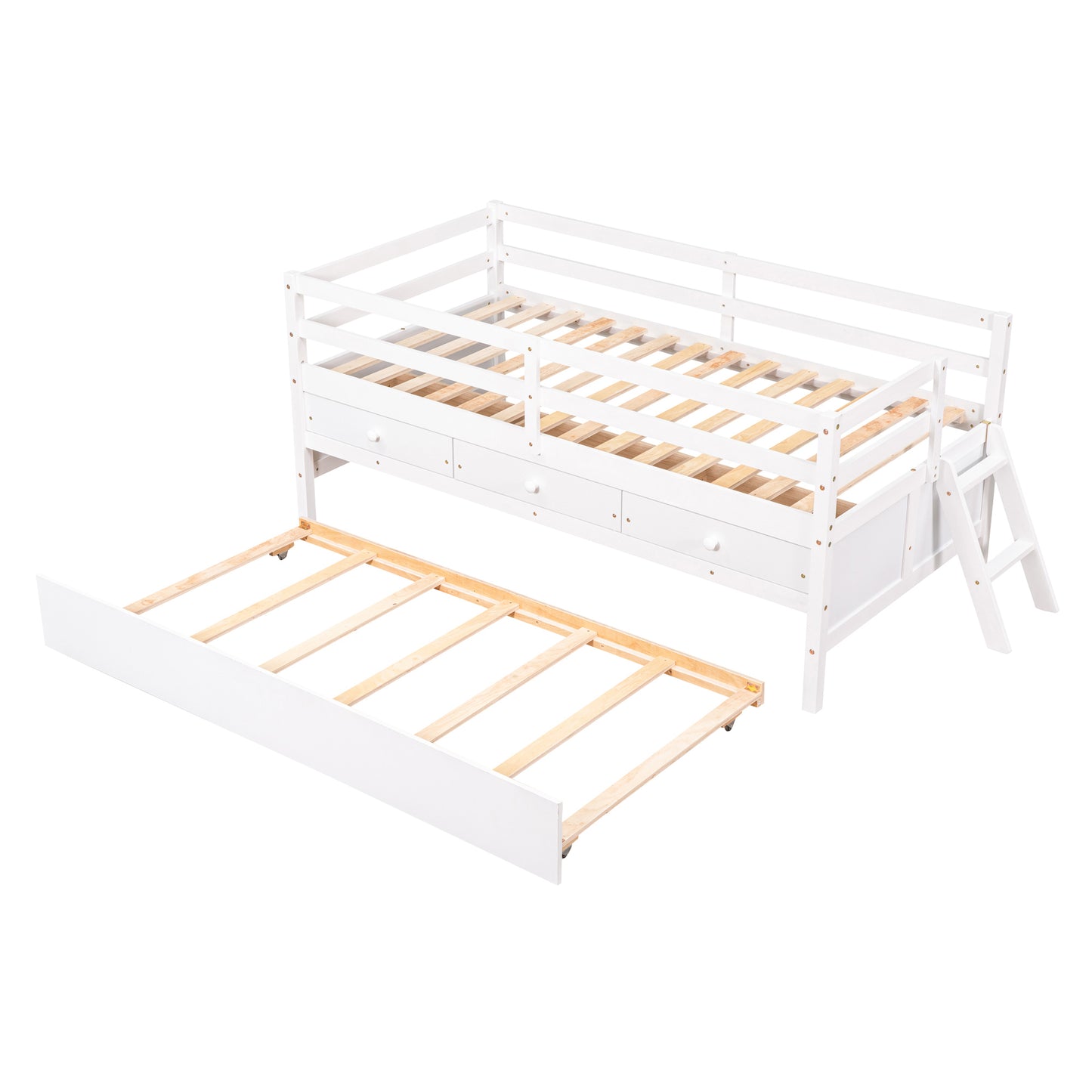 Low Loft Bed Twin Size with Full Safety Fence, Climbing ladder, Storage Drawers and Trundle White Solid Wood Bed