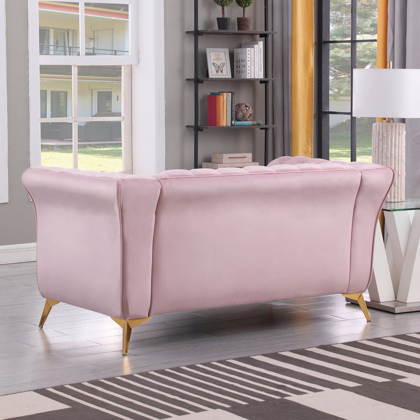 Chesterfield sofa ,Stanford sofa ,  high quality Chesterfield sofa ,Pink color , tufted and wrinkled fabric  sofa;contemporary Stanford sofa .loverseater; tufted sofa with scroll  arm and scroll back