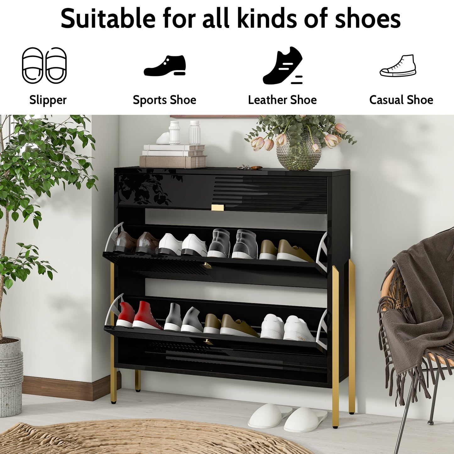 Shoe Cabinet with 2 Flip Drawers & 1 Slide Drawer, Modern Free Standing Shoe Rack for Heels, Boots, Slippers,Shoe Storage Cabinet for Entryway, Hallway,Black