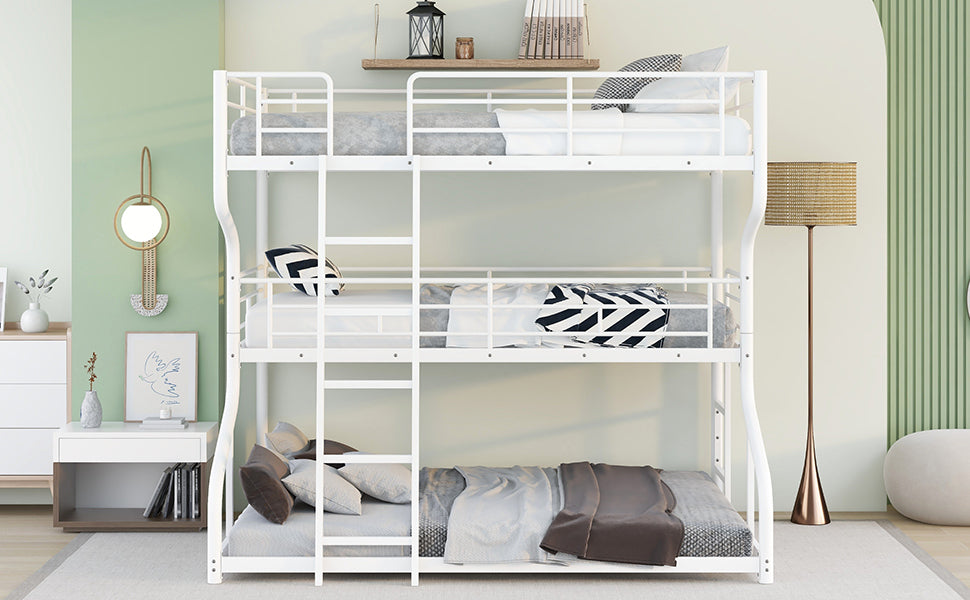 White Triple Bunk Bed Set with Full XL, Twin XL, and Queen Size Layers