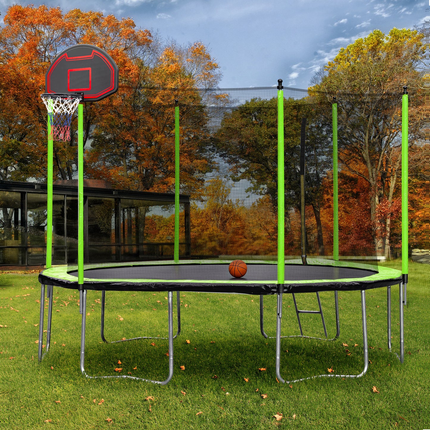 14FT  Trampoline with Basketball Hoop Inflator and Ladder(Inner Safety Enclosure) Green