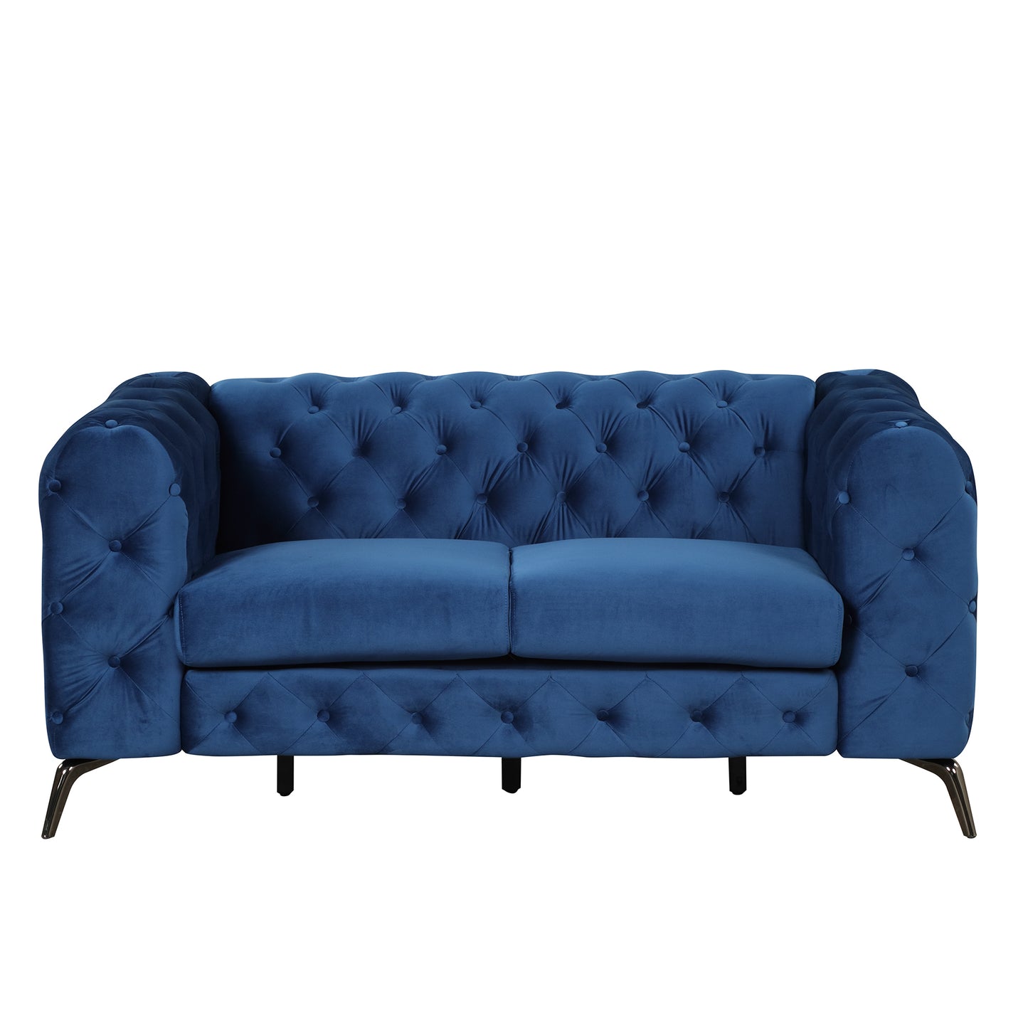 63 Blue Velvet Upholstered Modern Loveseat Sofa with Button Tufted Back