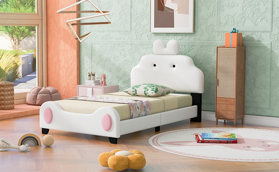 Twin Size Upholstered Platform Bed with Cartoon Headboard and Footboard, White+Pink