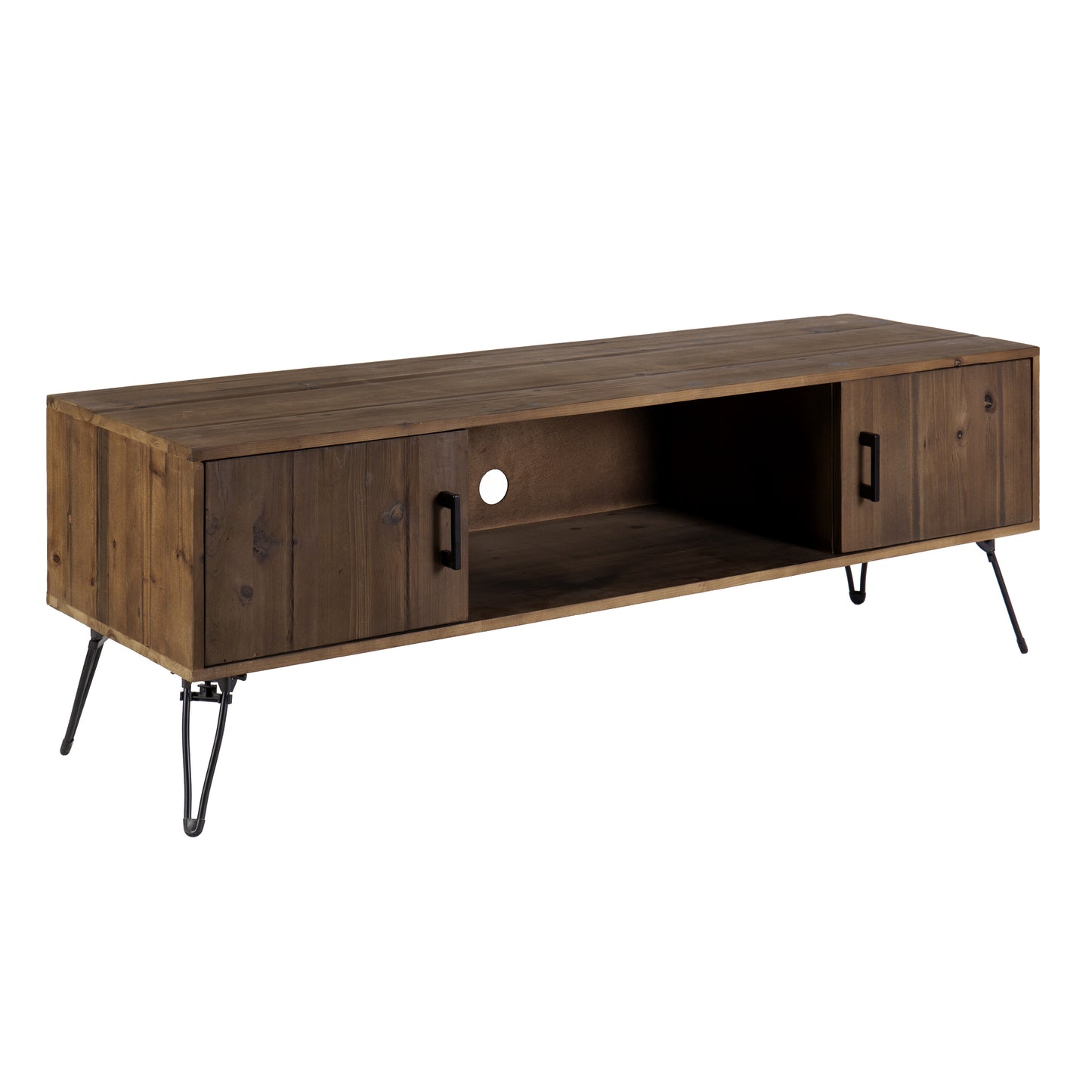 Clive 60 Inch Reclaimed Wood Farmhouse Media Console with Iron Legs, Natural Brown and Rustic Style