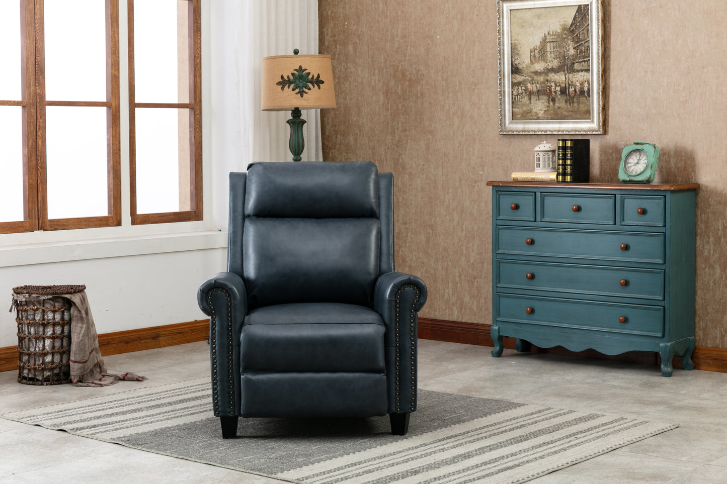 Luxurious Navy Genuine Leather Manual Recliner