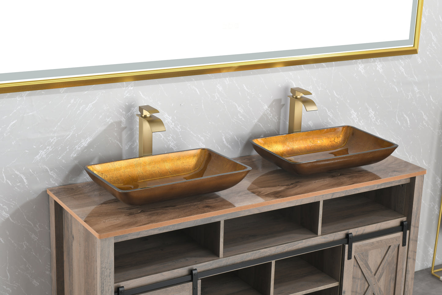 Gold Glass Rectangular Vessel Bathroom Sink Set with Faucet and Pop-Up Drain