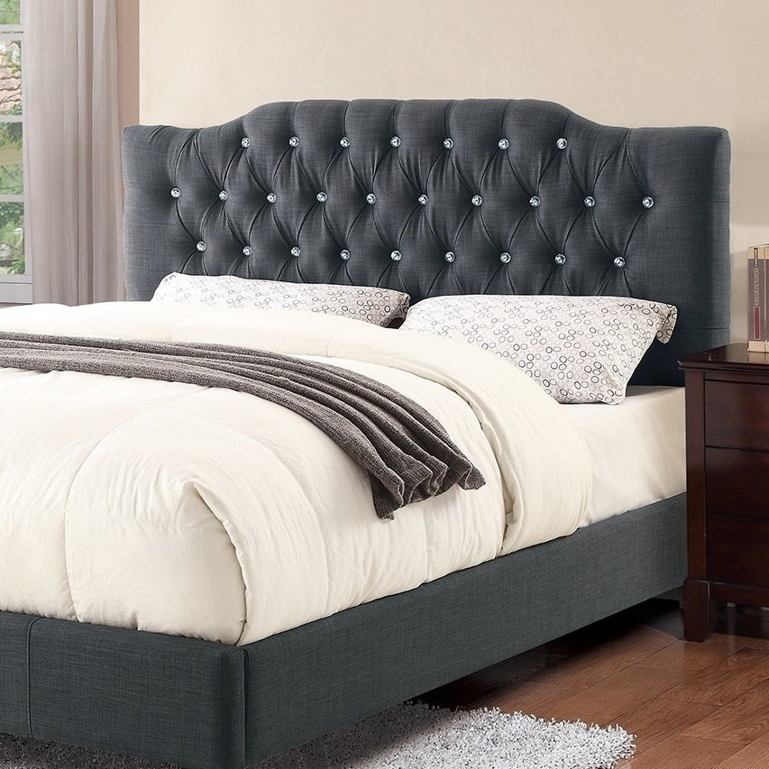 Modern Gorgeous Blue Grey Polyfiber Tufted Queen Size Bed 1pc Bedframe Upholstered Headboard Bedroom Furniture wooden Plywood