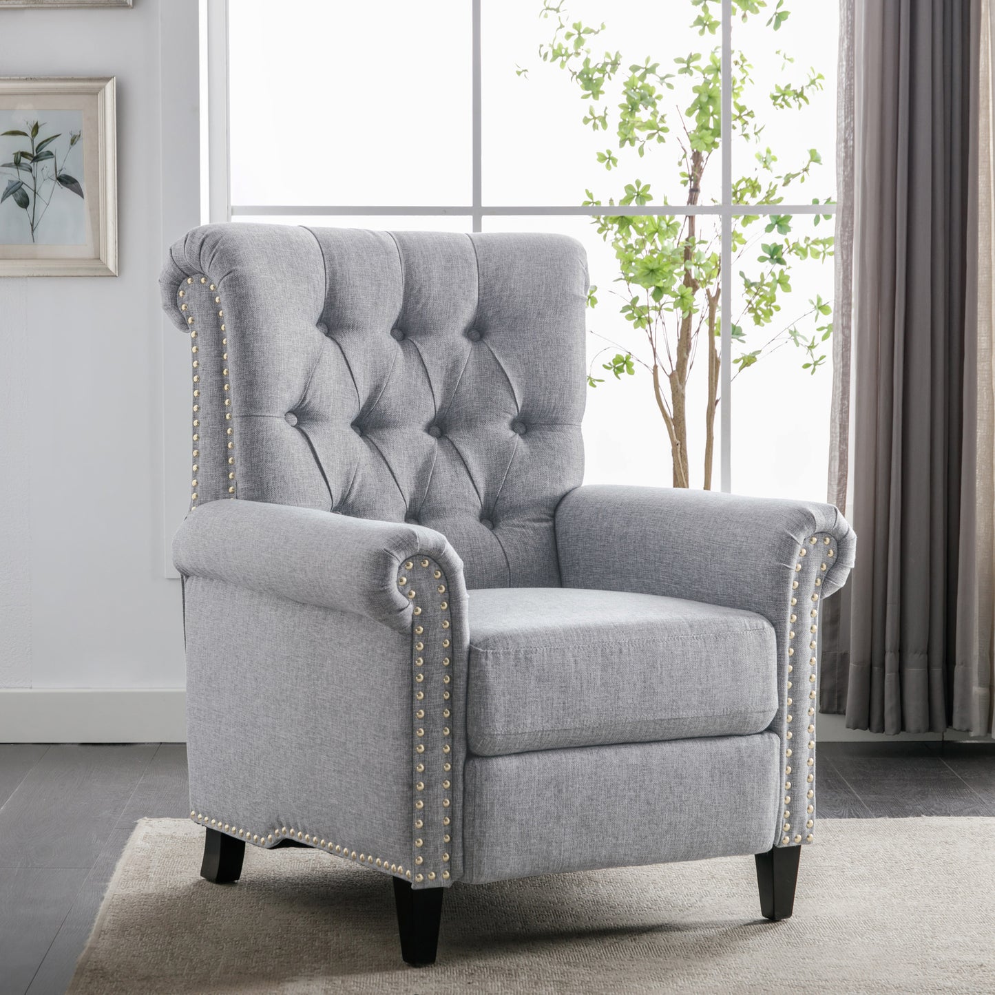 Elegant Gray Linen Recliner Sofa with Tufted Back and Nailheads Roll Arm