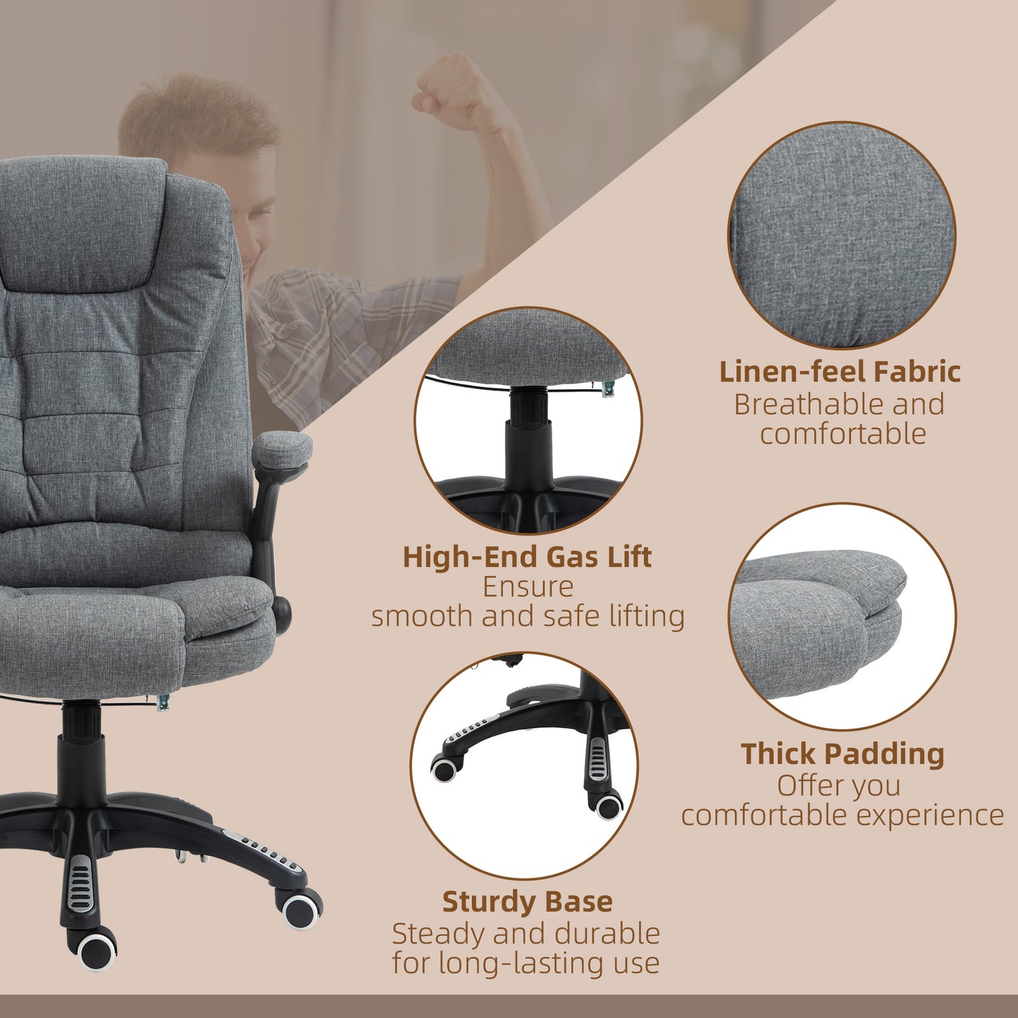 Vinsetto 6 Point Vibration Massage Office Chair with Heat, High Back Executive Office Chair with Padded Armrests, Linen Reclining Computer Chair, Deep Gray