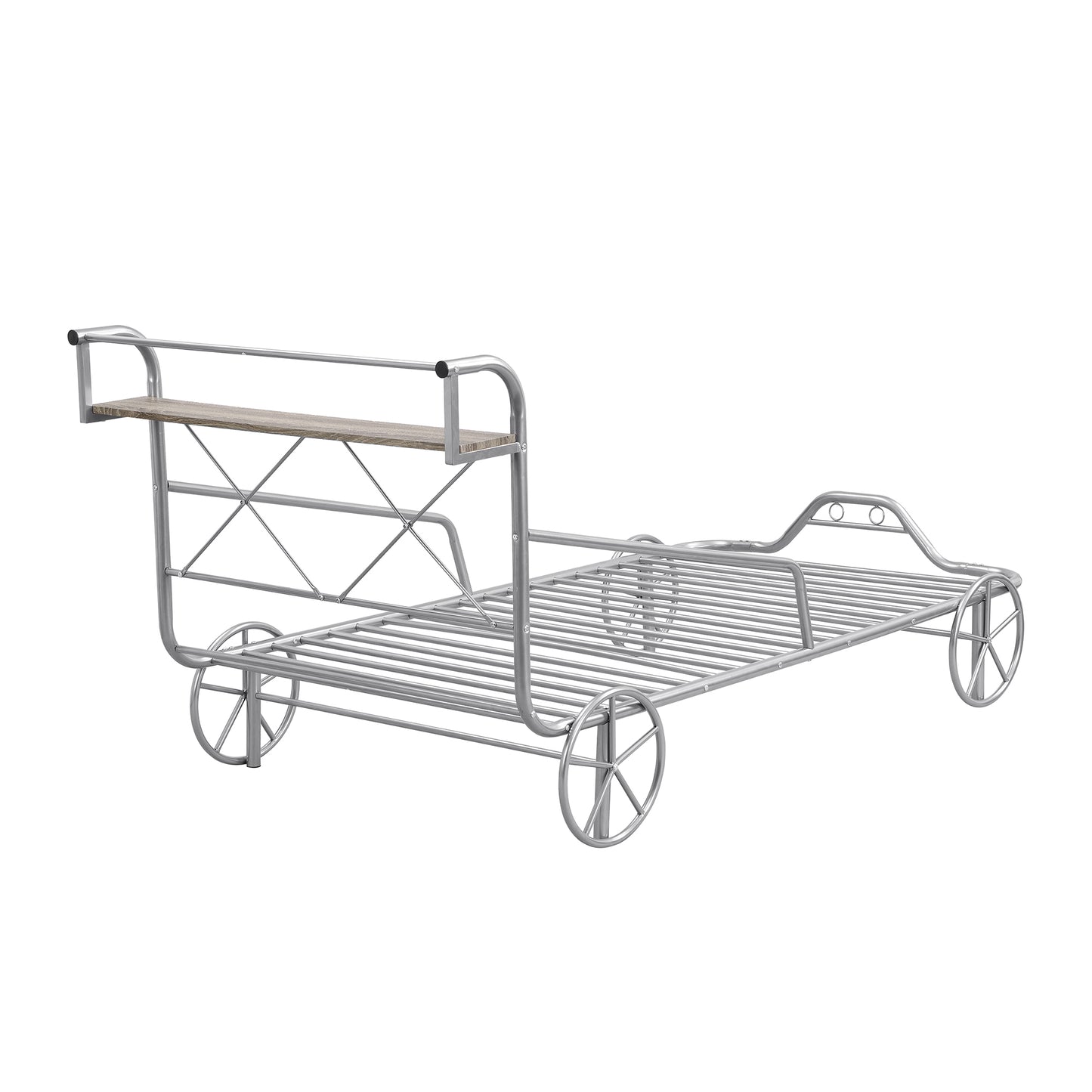 Twin Size Metal Car Bed with Four Wheels, Guardrails and  X-Shaped Frame Shelf, Silver(: MF297599AAN)