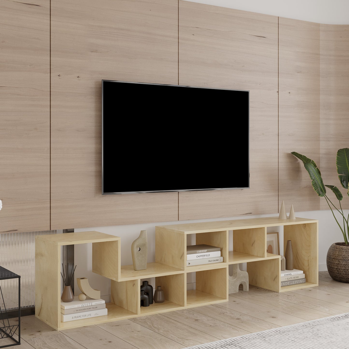 Oak Double L-Shaped TV Stand and Bookcase with Display Shelf