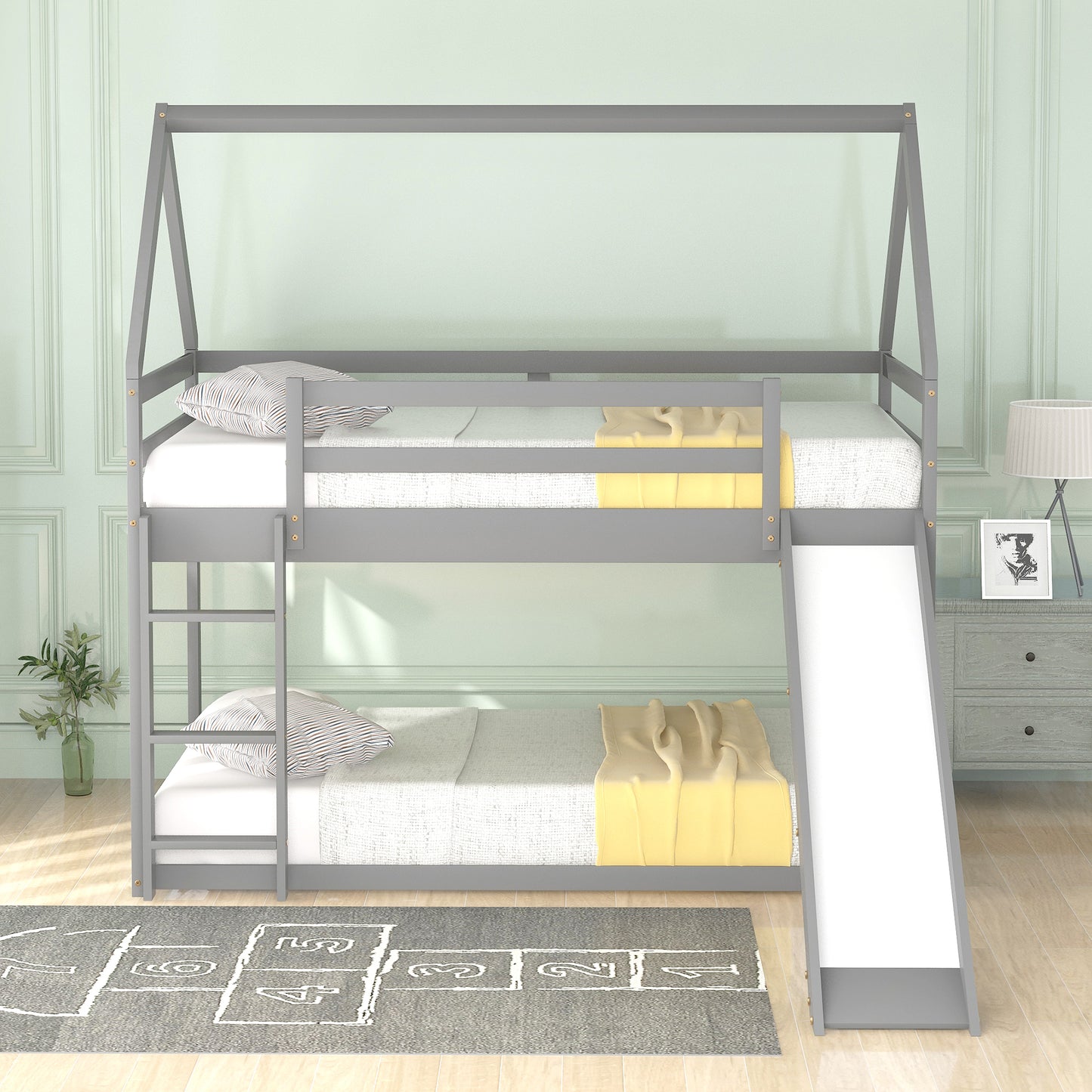 Twin Size Bunk House Bed with Slide and Ladder,Gray