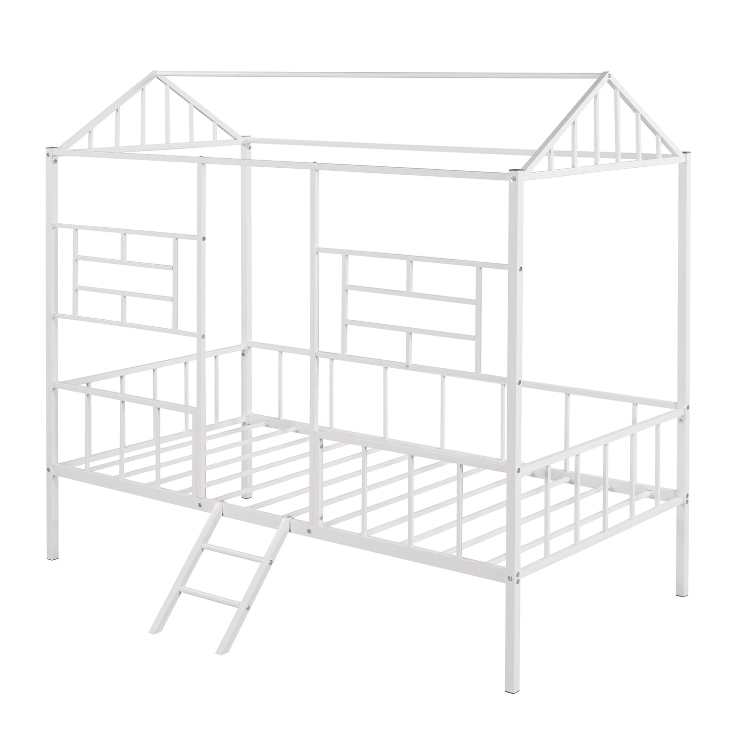 Metal House Bed Frame Twin Size with Slatted Support No Box Spring Needed White