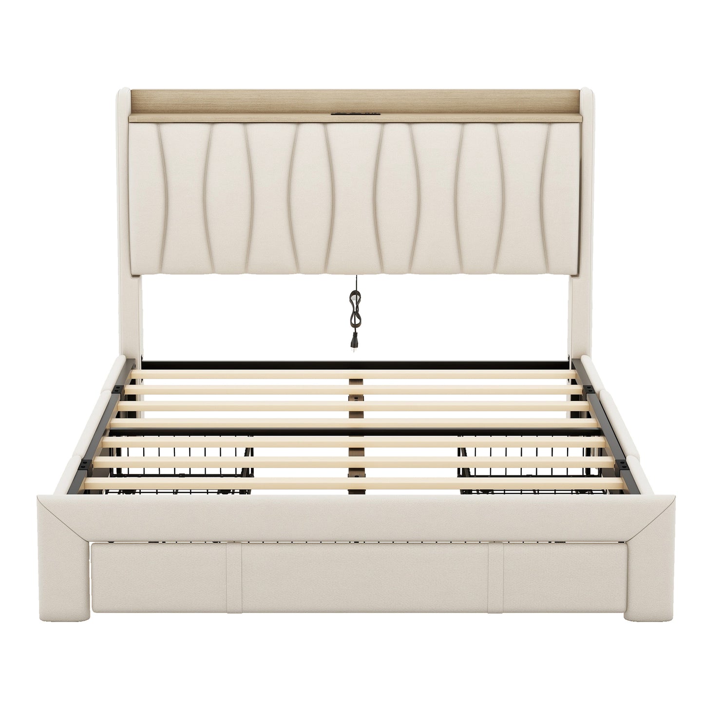 Queen Size Bed Frame with Storage Headboard and Charging Station, Upholstered Platform Bed with 3 Drawers, No Box Spring Needed, Beige