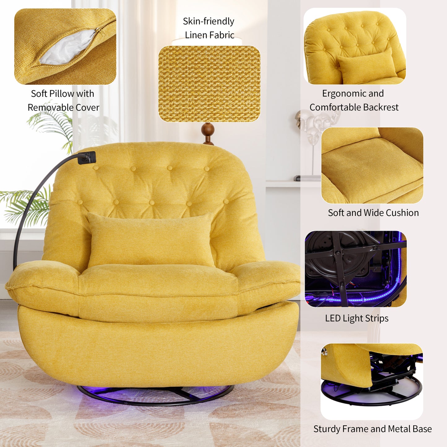 Yellow Power Recliner with Voice Control and Bluetooth Music Player