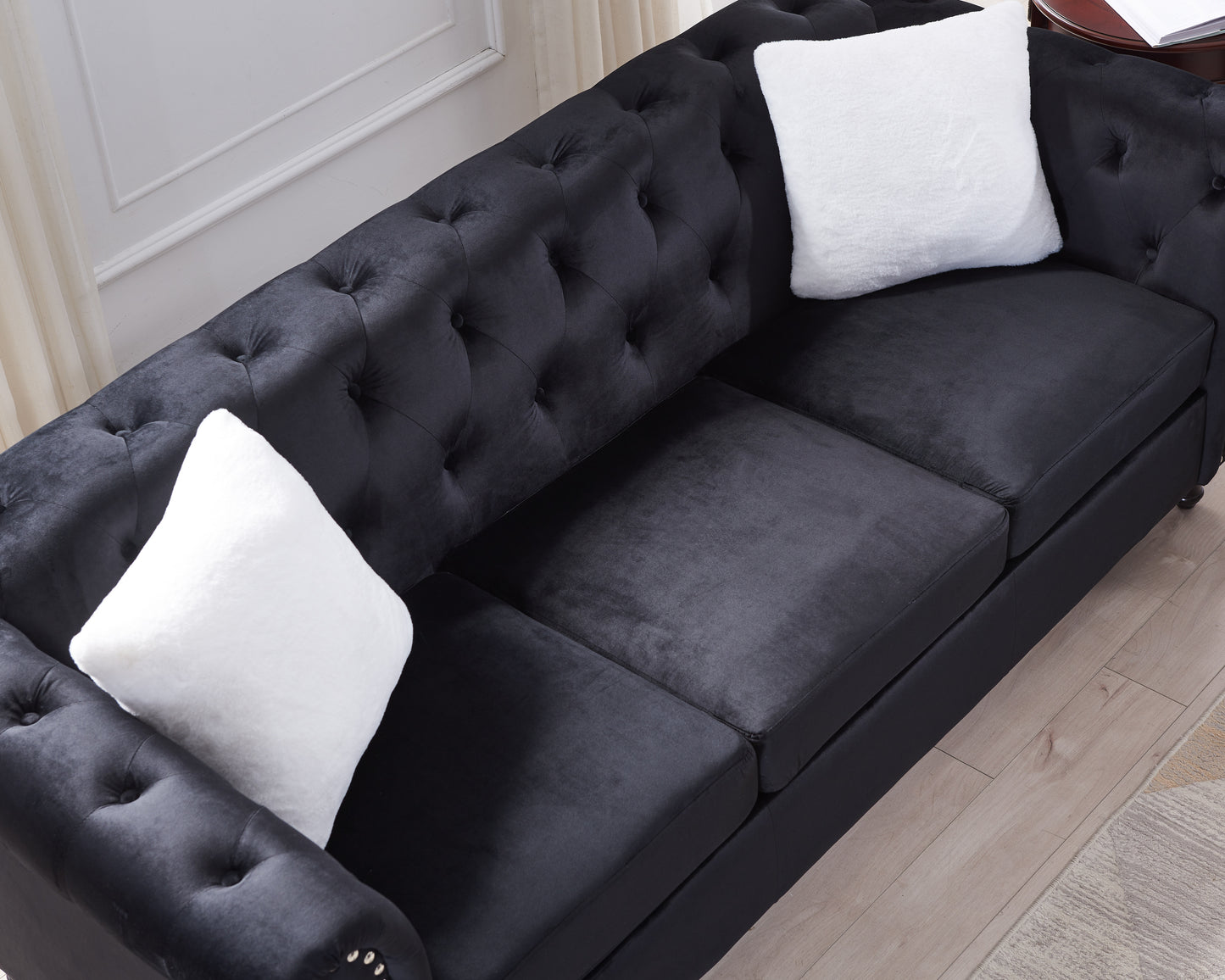 Black Velvet 3-Seater Sofa with Button Tufting and Copper Nail Detailing