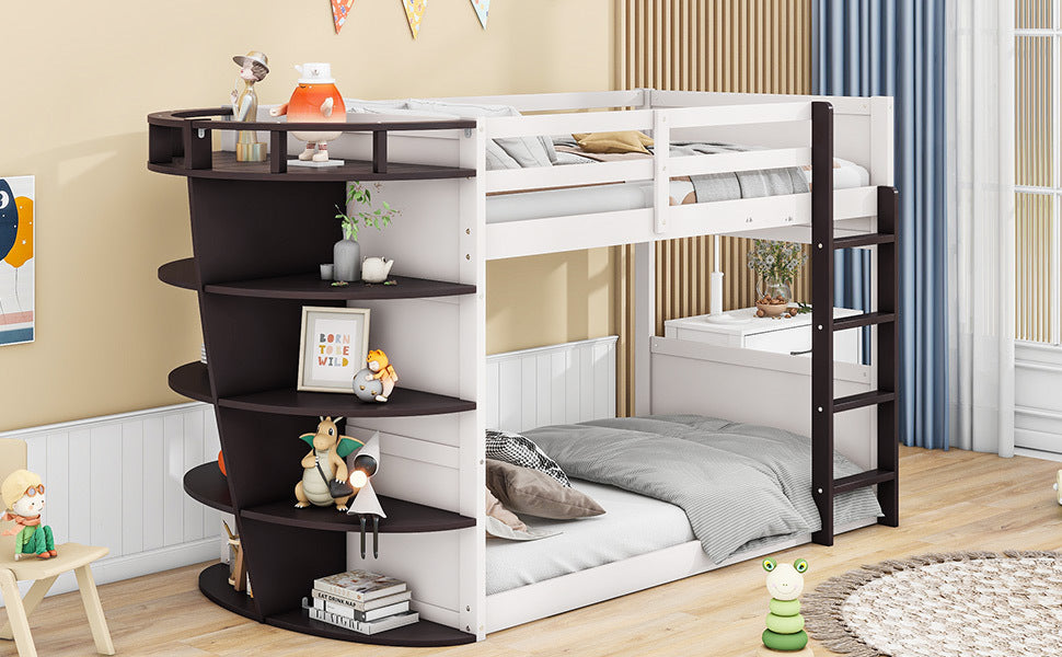 Boat-Themed Bunk Bed with Storage Shelves, Cream+Espresso