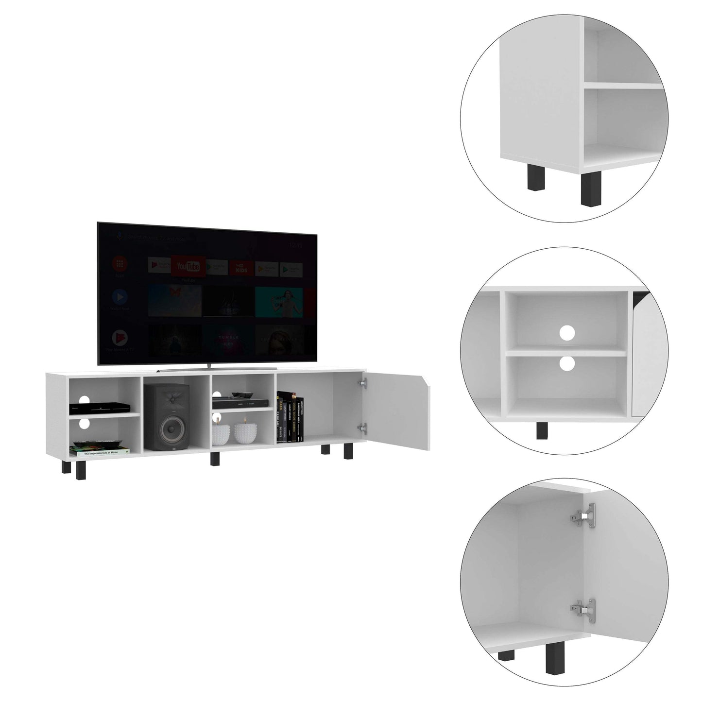 Sleek White TV Stand with Four Shelves and Five Legs, for TVs up to 70