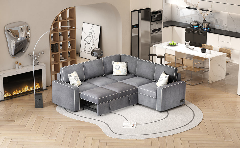 83 L-Shaped Convertible Sleeper Sofa with USB ports, Power Sockets, and Pillows, Gray