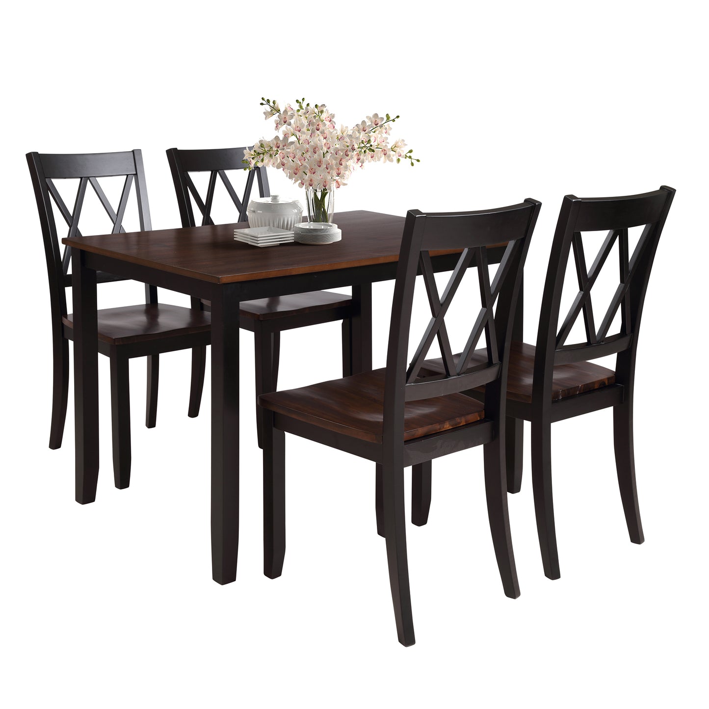 5-Piece Dining Table Set Home Kitchen Table and Chairs Wood Dining Set, Black+Cherry