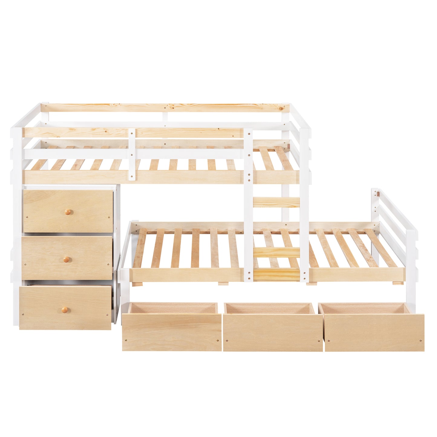 Natural Twin Loft Bunk Bed with Drawers, Ladder, and Dual Sleeping Space