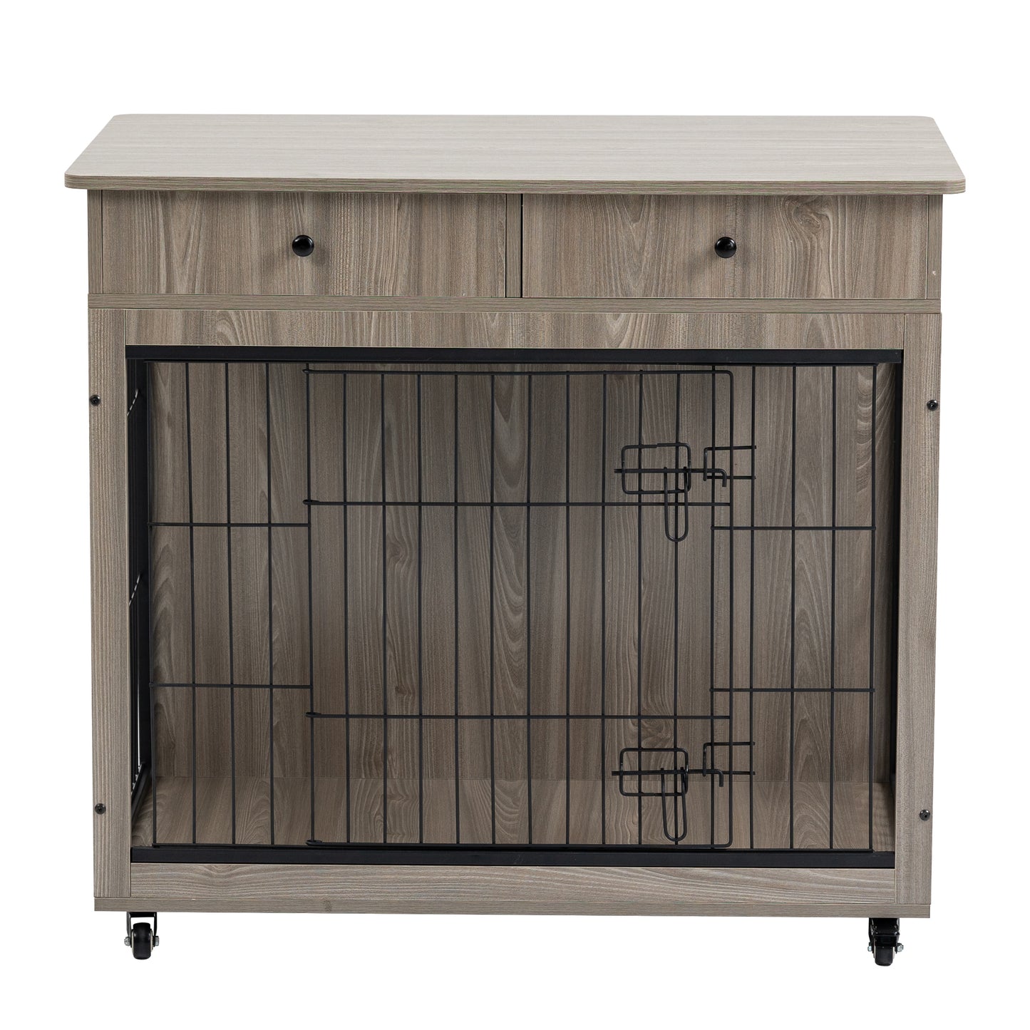 Dog Crate Furniture, Wooden Dog Crate End Table, 38.4 Inch Dog Kennel with 2 Drawers Storage, Heavy Duty Dog Crate, Decorative Pet Crate Dog Cage for Large Indoor Use (Grey) 38.4" L×23.2" W×35" H