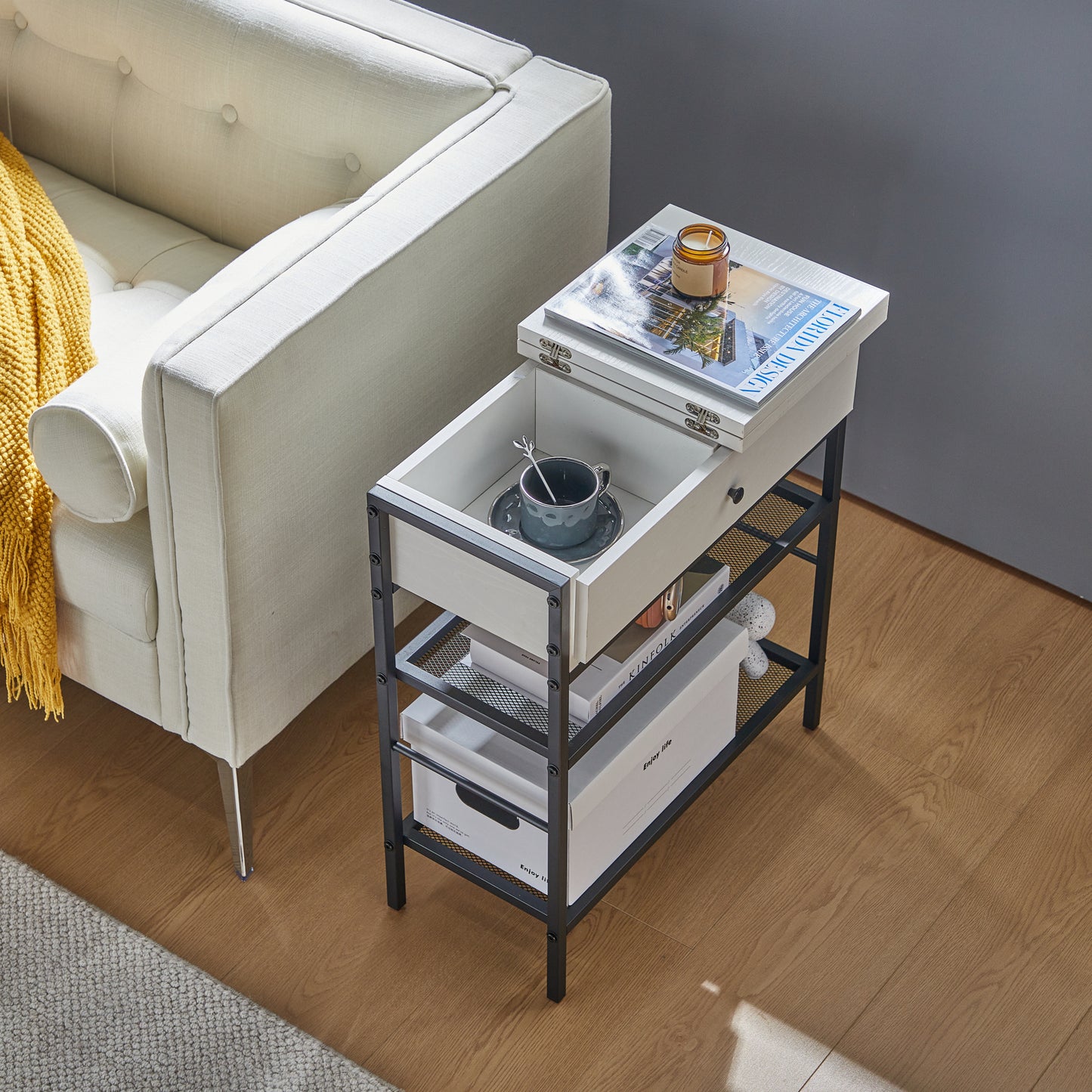 Sleek White End Table with Charging Station for Living Room and Bedroom