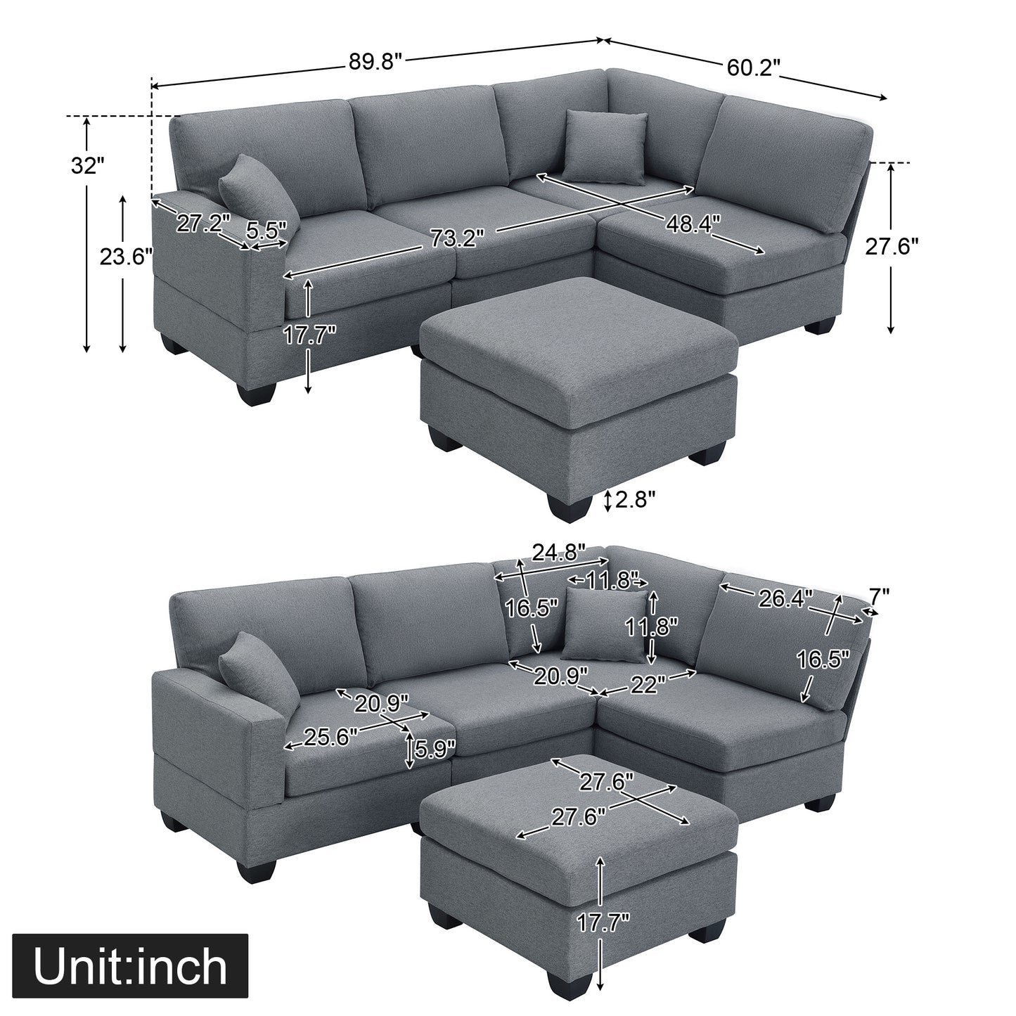 Modern L-Shaped Sectional Sofa Set with Convertible Ottoman and 2 Pillows