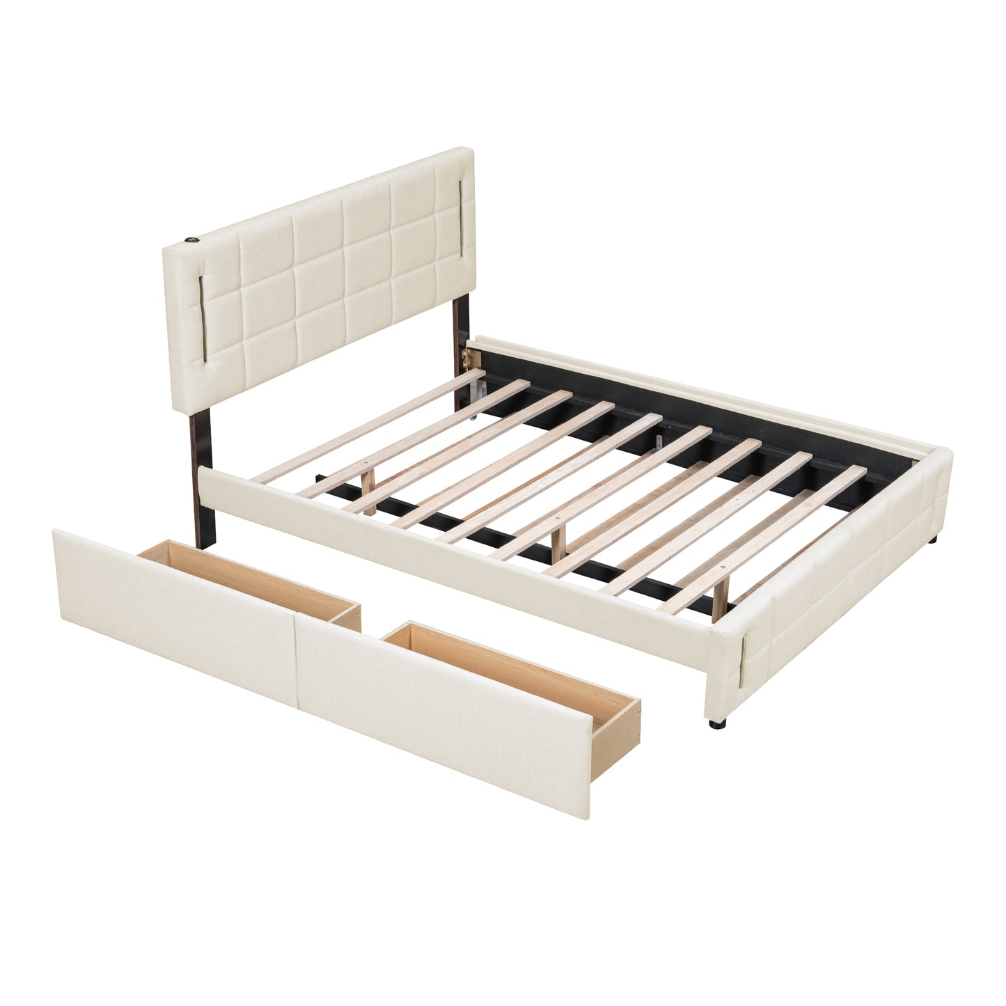 Queen Size Upholstered Platform Bed with Trundle and Drawers, Beige