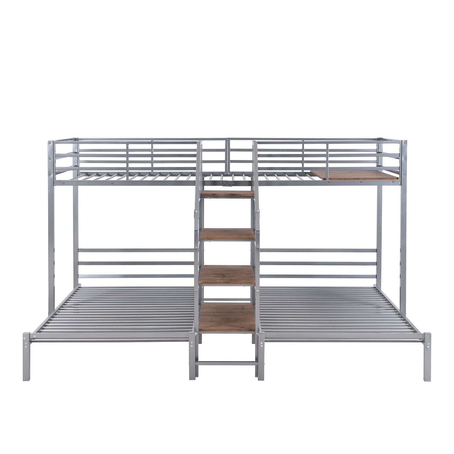 Three-Tiered Metal Bunk Bed with Storage and Staircase, Silver Twin over Twin