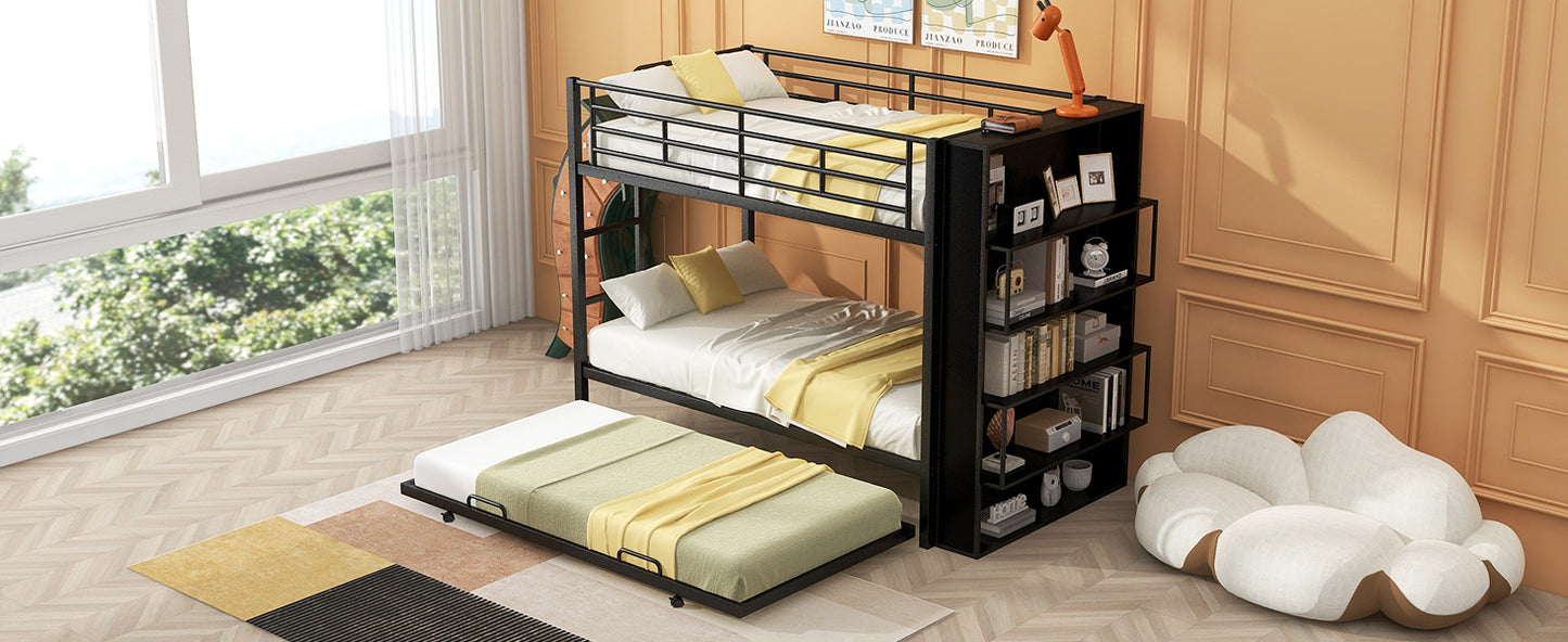 Twin Size Black Metal Bunk Bed with Integrated Bookshelf