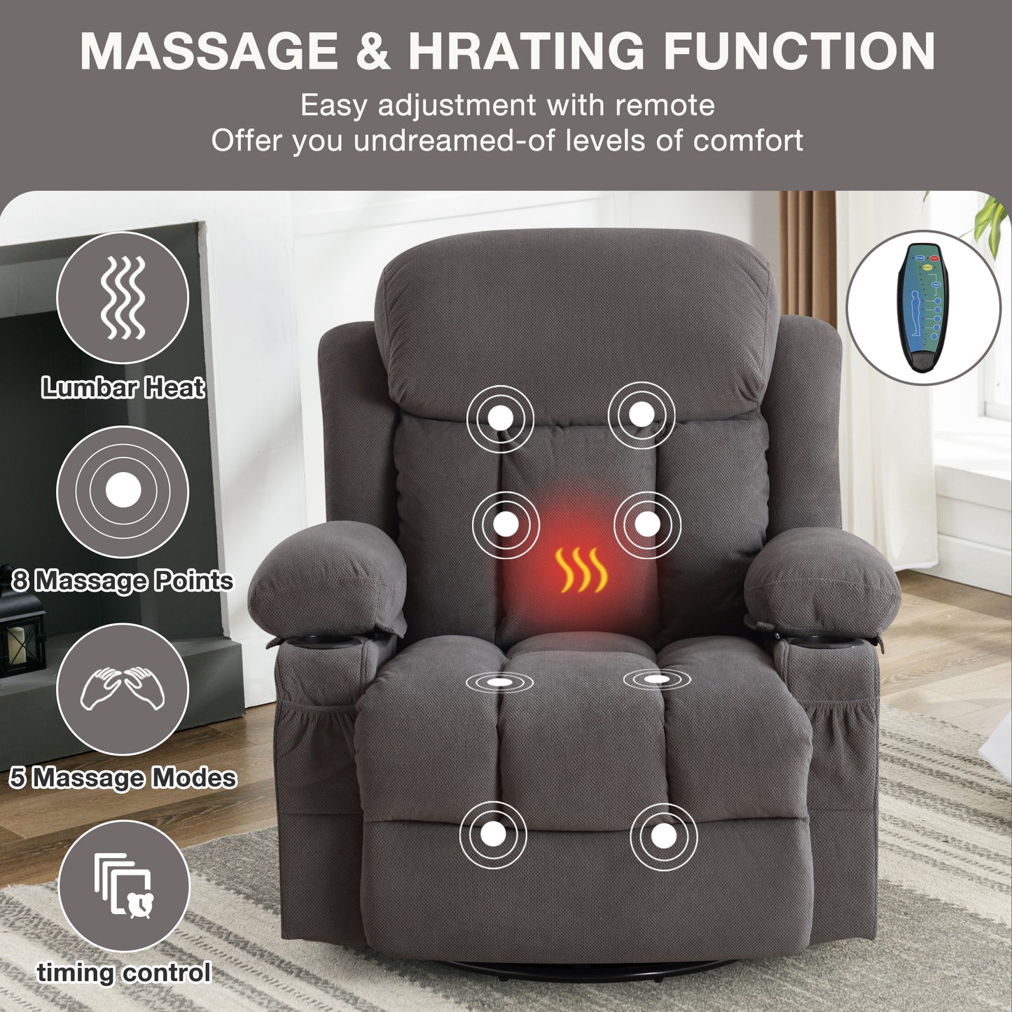 Swinging Recliner Massage Heated Sofa with USB and Cup Holders in Luxurious Grey Velvet