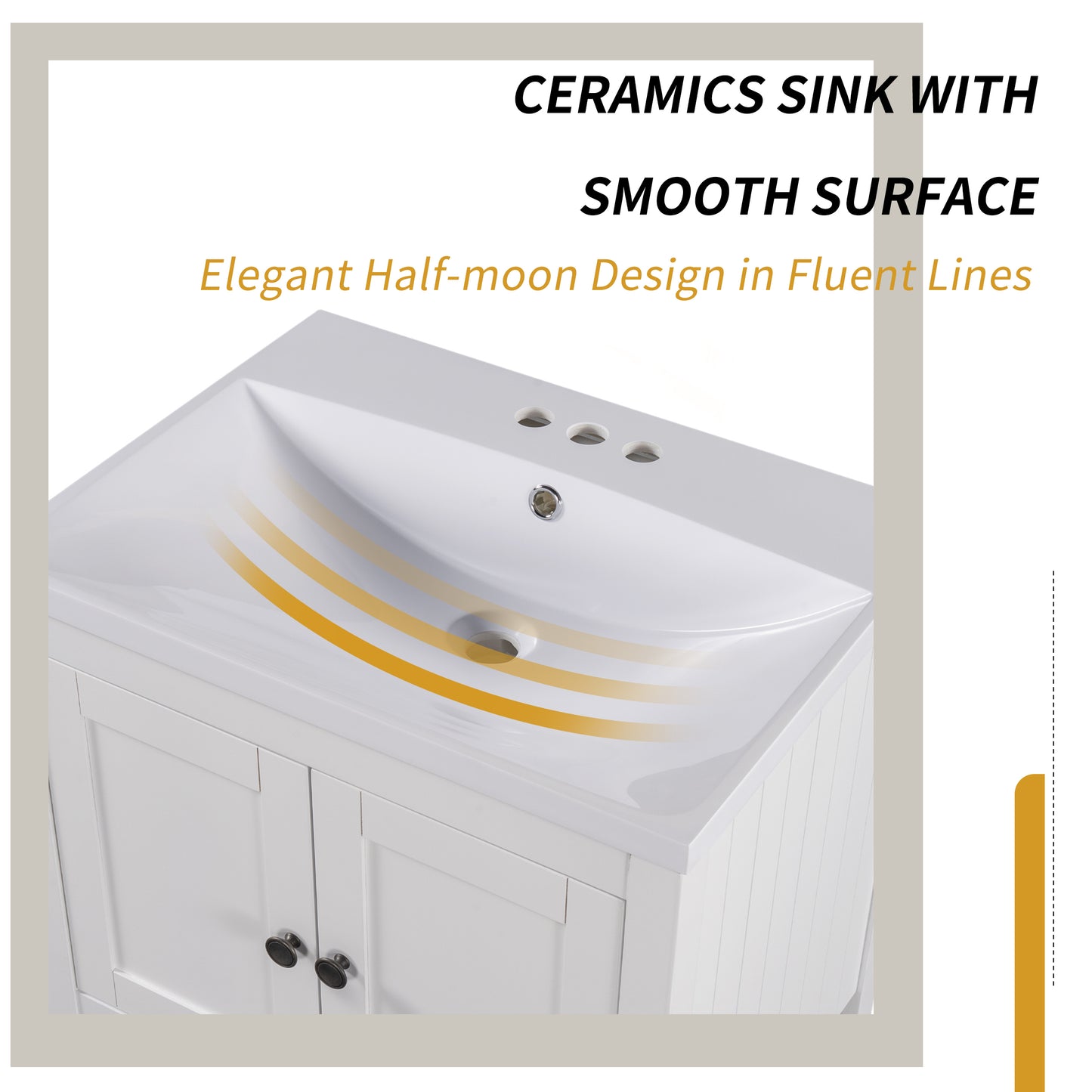 24" White Modern Sleek Bathroom Vanity Elegant Ceramic Sink with Solid Wood Frame Open Style Shelf