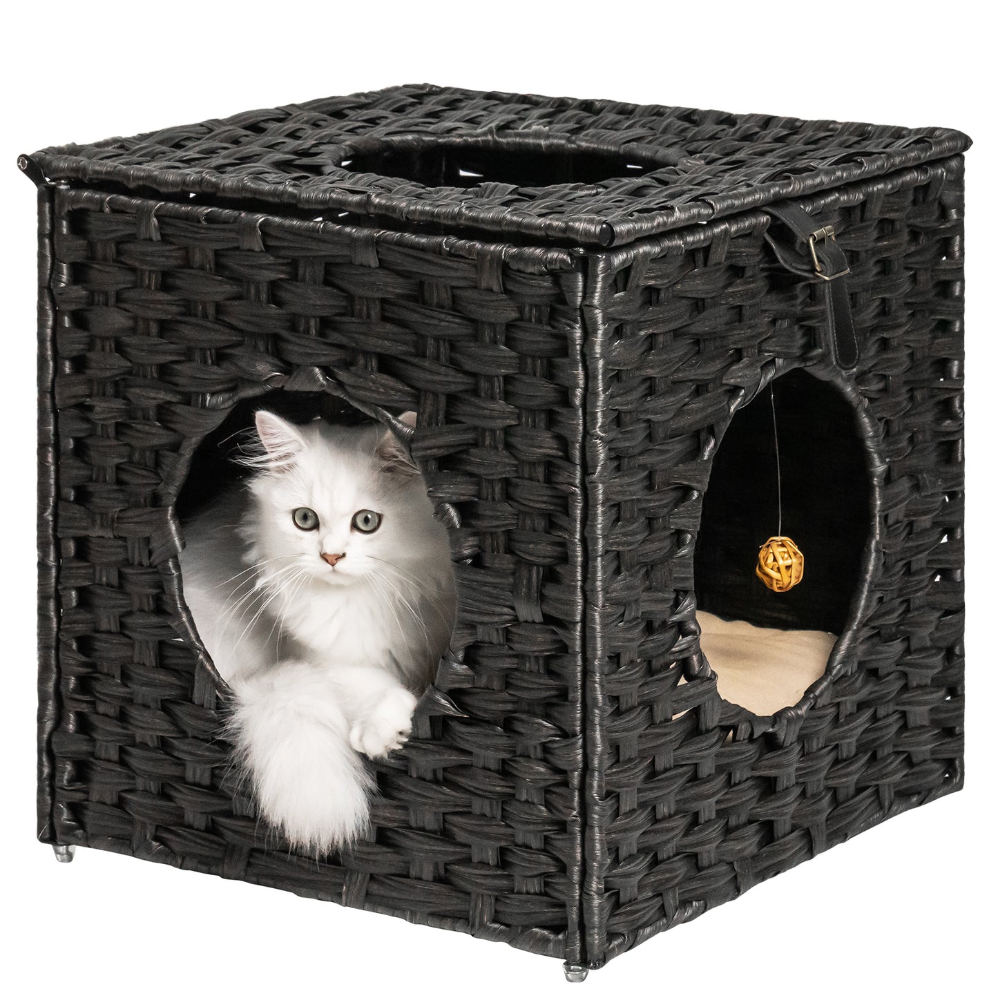 Rattan Cat Litter,Cat Bed with Rattan Ball and Cushion,Black