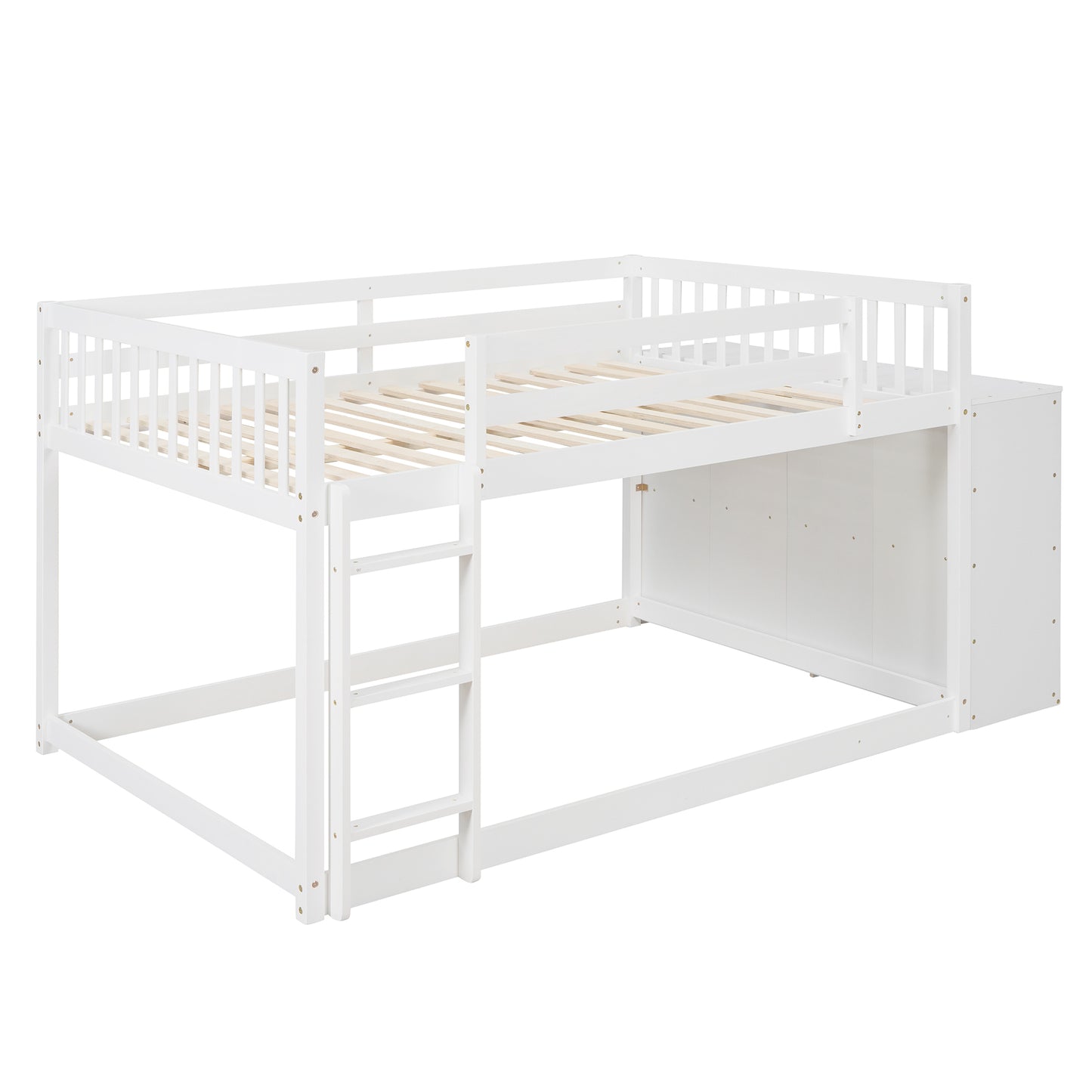 White Full over Full Bunk Bed with Storage, Shelves, and Drawers