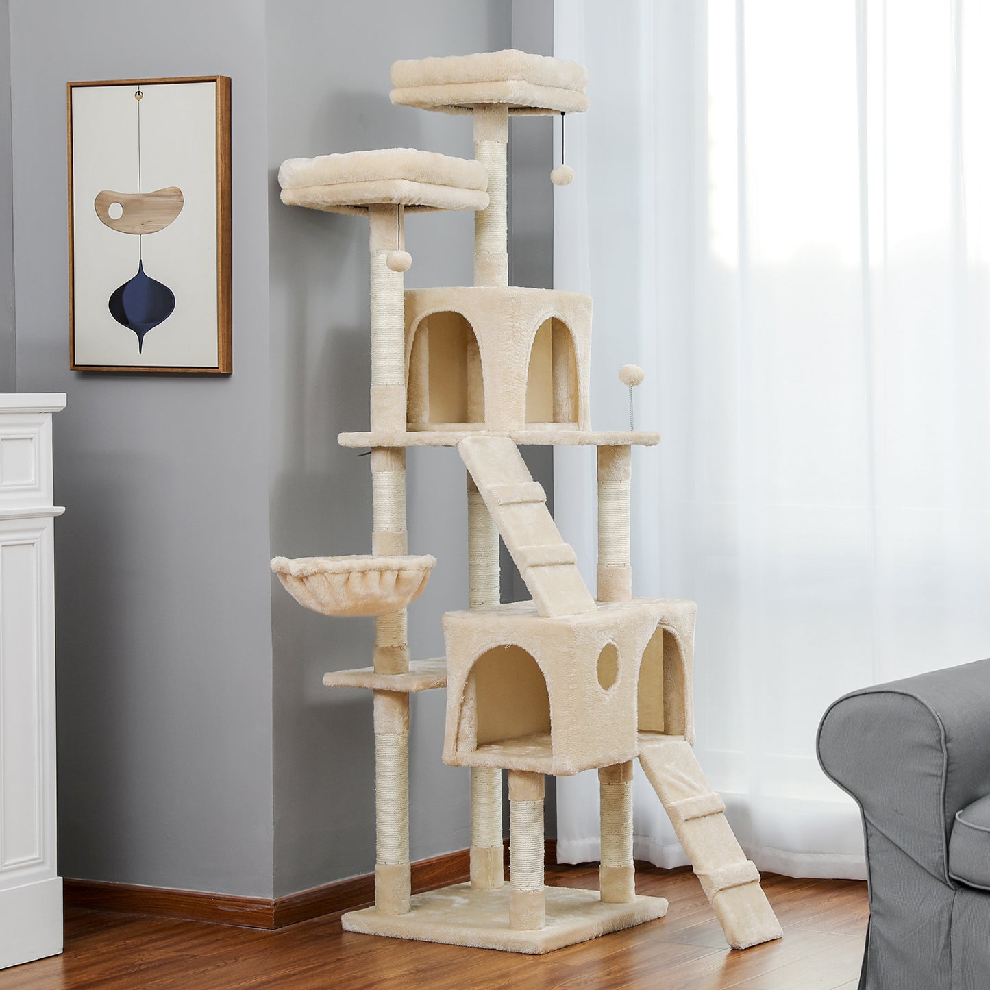 Cat Tree 69 Inches Cat Tower with 2 Condos and 2 Perches, Kitty Climber Tower Furniture, Upgraded Version Beige