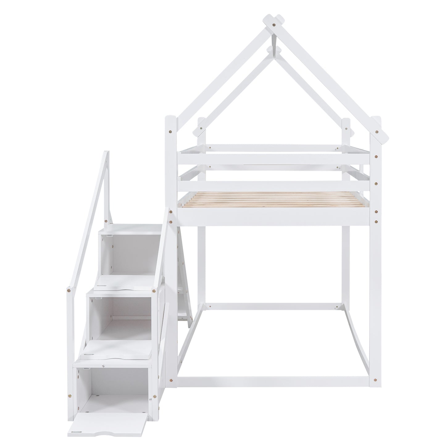 White Twin over Twin House Loft Bunk Bed with Slide, Staircase, Storage, and Play Area