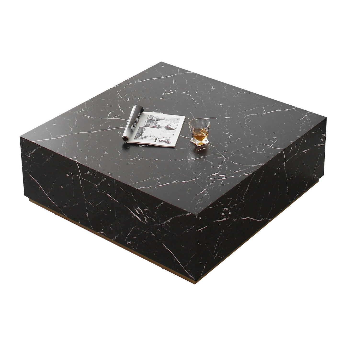 Elegant Black Marble Coffee Table with Gold Base Square Design 39.37W x 13.78H