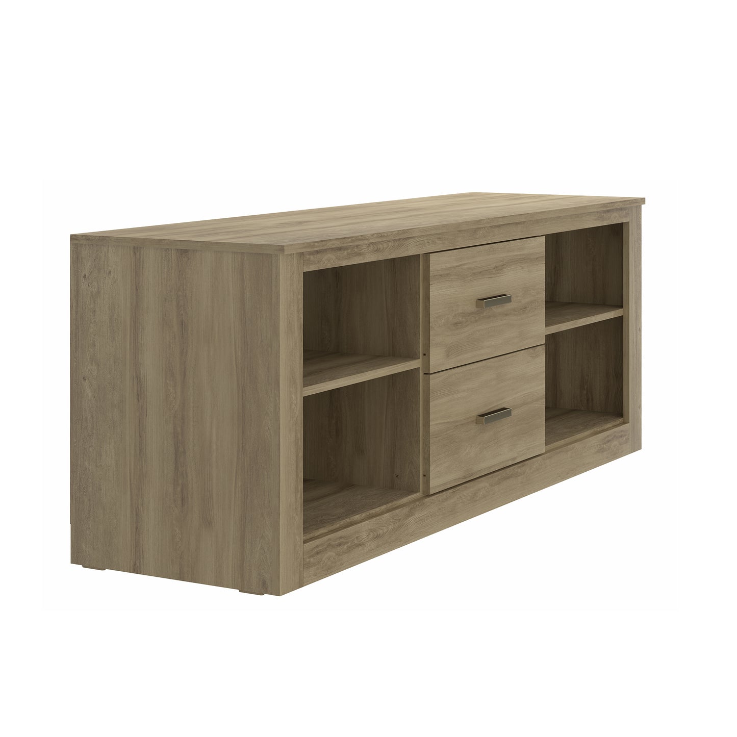 59-Inch Oak Brown Wooden TV Stand with Drawers and Open Compartments