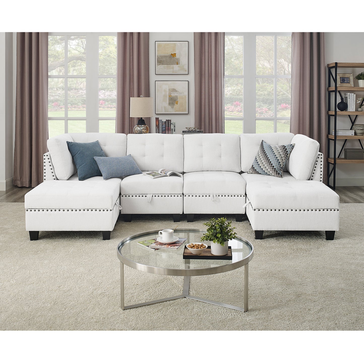 U-shaped Ivory Chenille Modular Sectional Sofa with DIY Combination