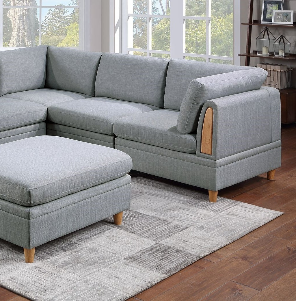 Light Grey Dorris Fabric 6-Piece Modular Sofa Set with Ottoman