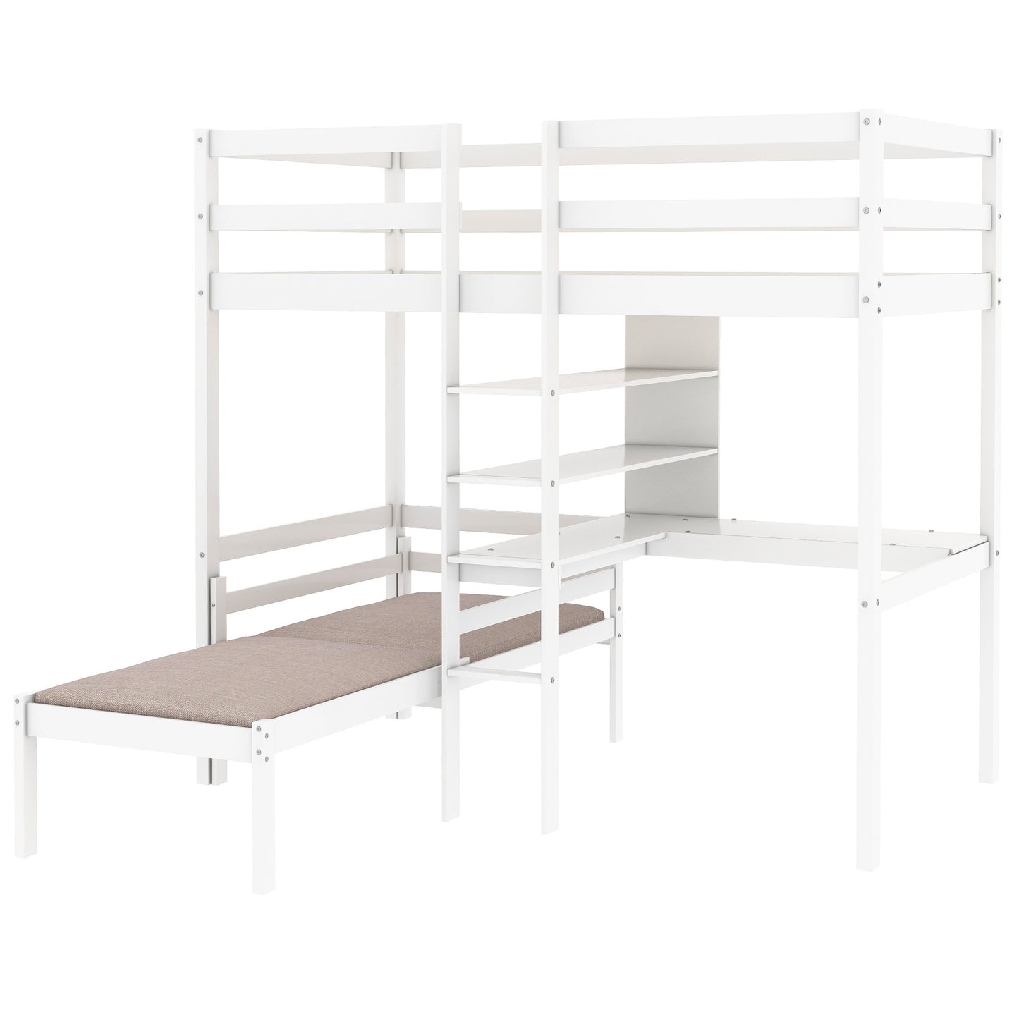 Convertible Loft Bed with L-Shaped Desk and Twin Bunk Bed in White Finish - Space-Saving Bedroom Solution