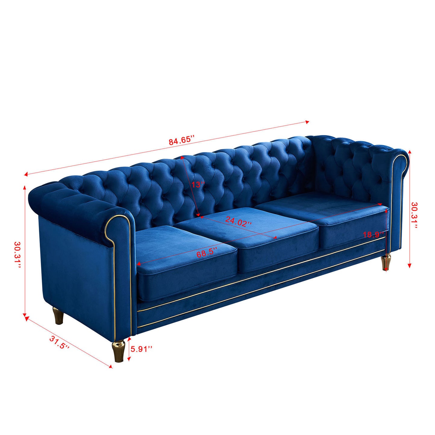 Chesterfield Velvet Sofa 84.65 inch for Living Room BLUE Color