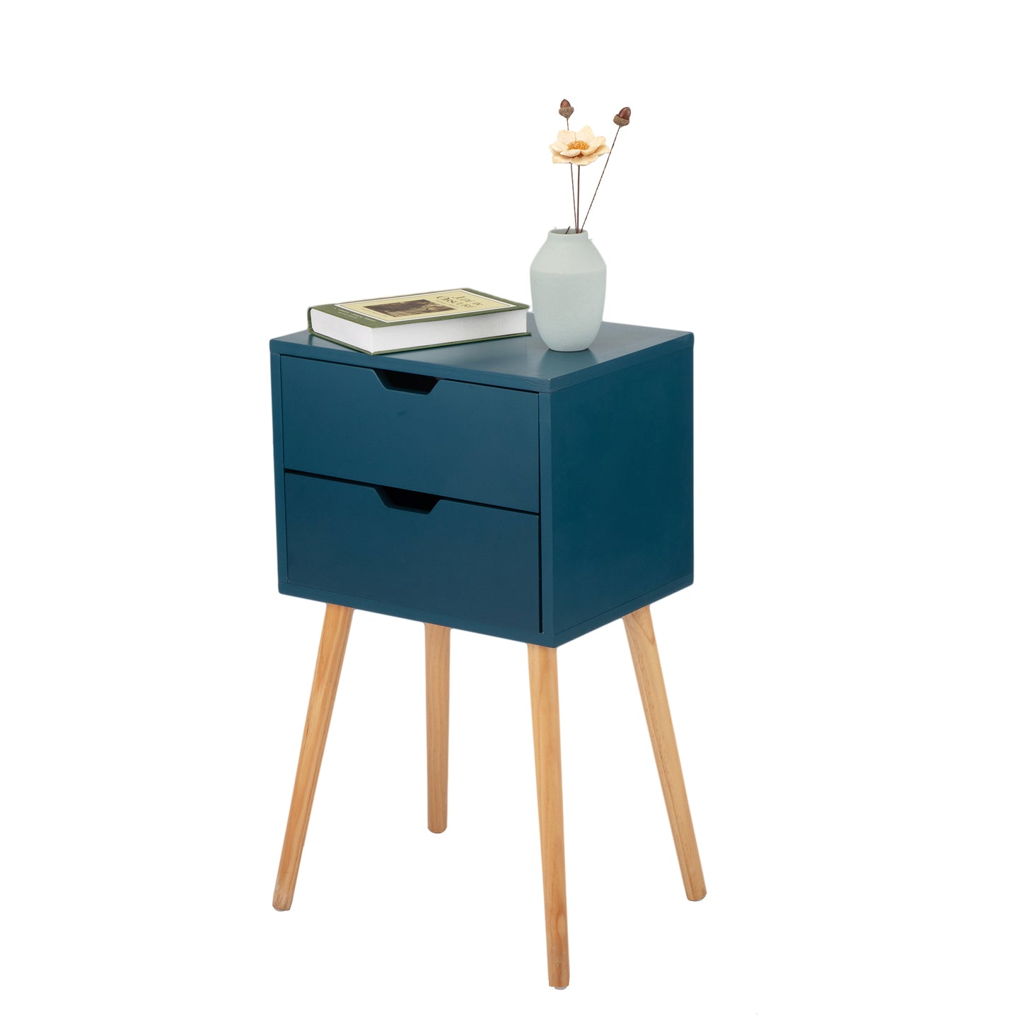 Set of 2 Nightstand with 2 Drawers, Mid Century Wood Bedside Table for Bedrooms Living Rooms, Sofa Side End Table, Blue