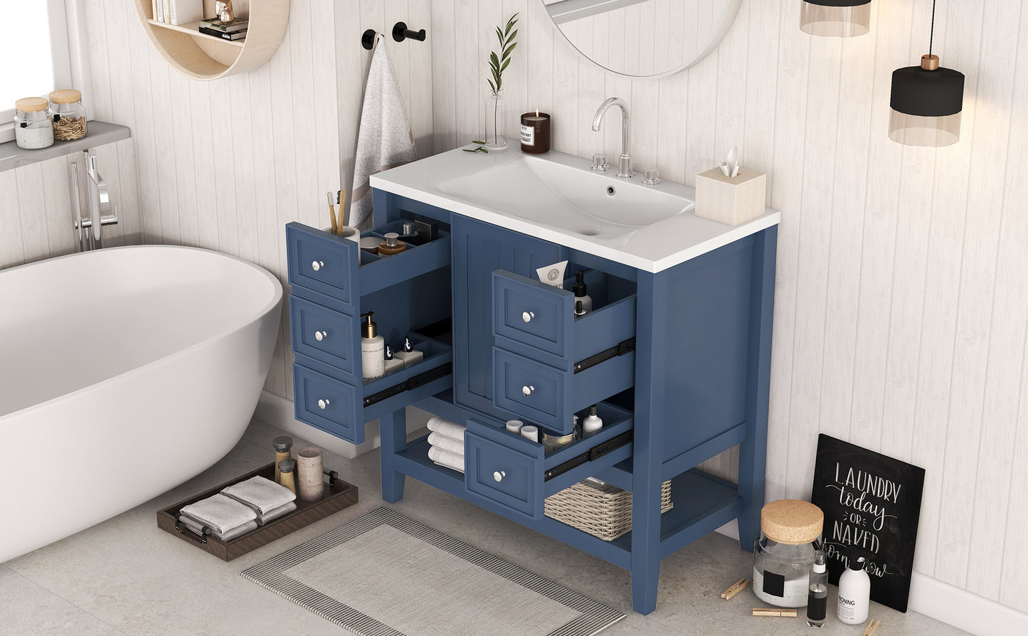 36" Bathroom Vanity with Sink Combo, One Cabinet and Three Drawers, Solid Wood and MDF Board, Blue