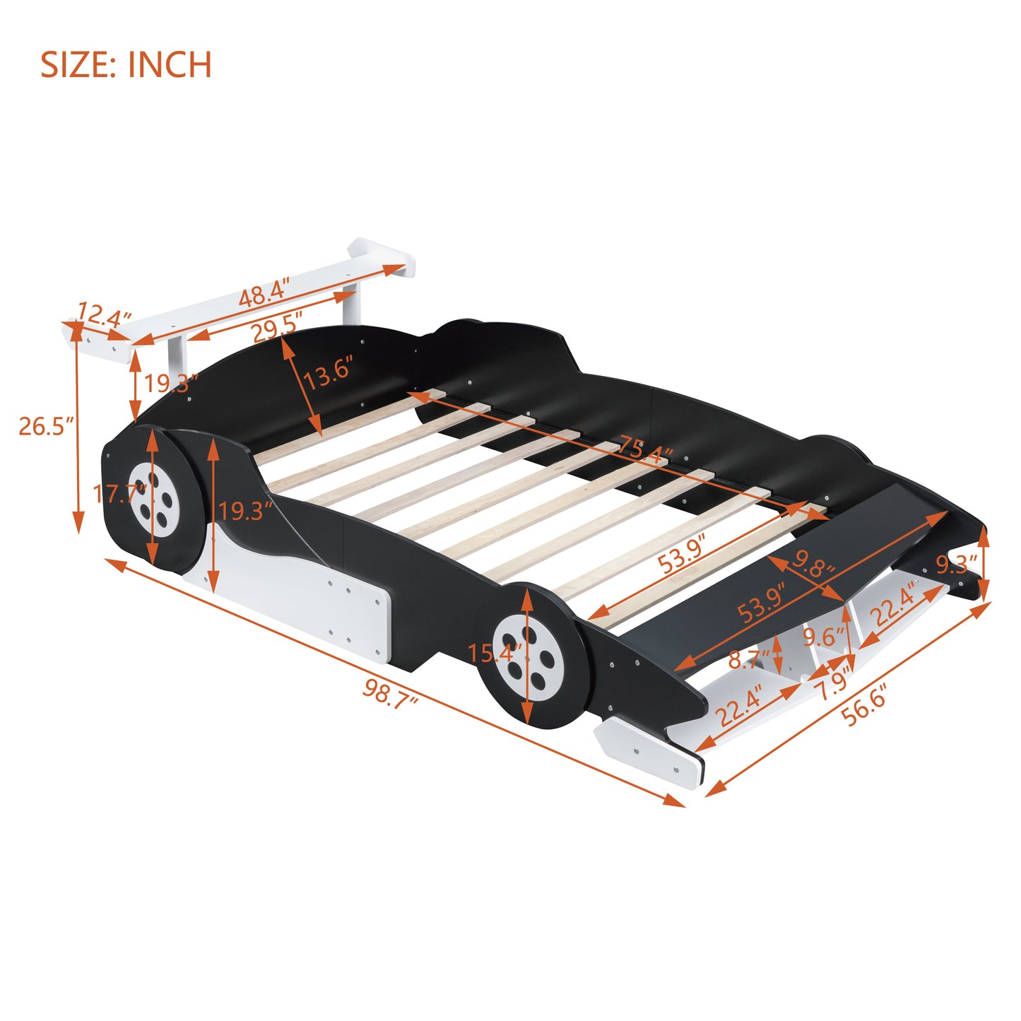 Full Size Race Car-Shaped Platform Bed with Wheels,Black