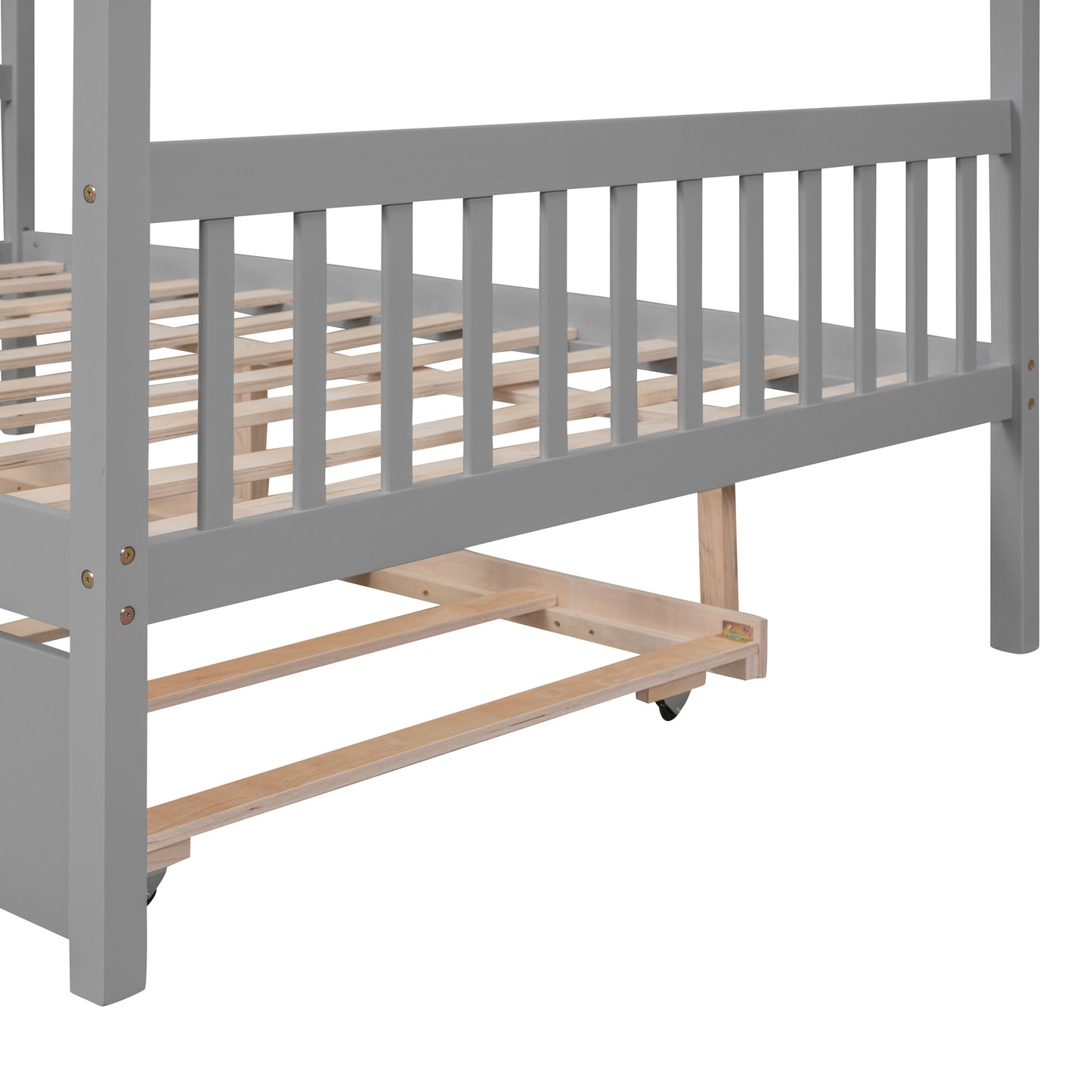 Full Size Wooden House Bed with Twin Size Trundle, Gray